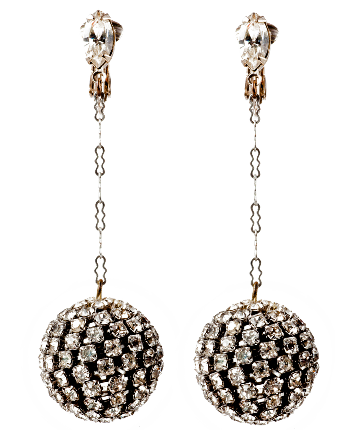 Vintage Art Deco Shimmering Rhinestone Ball And Chain Earrings, circa 1920's