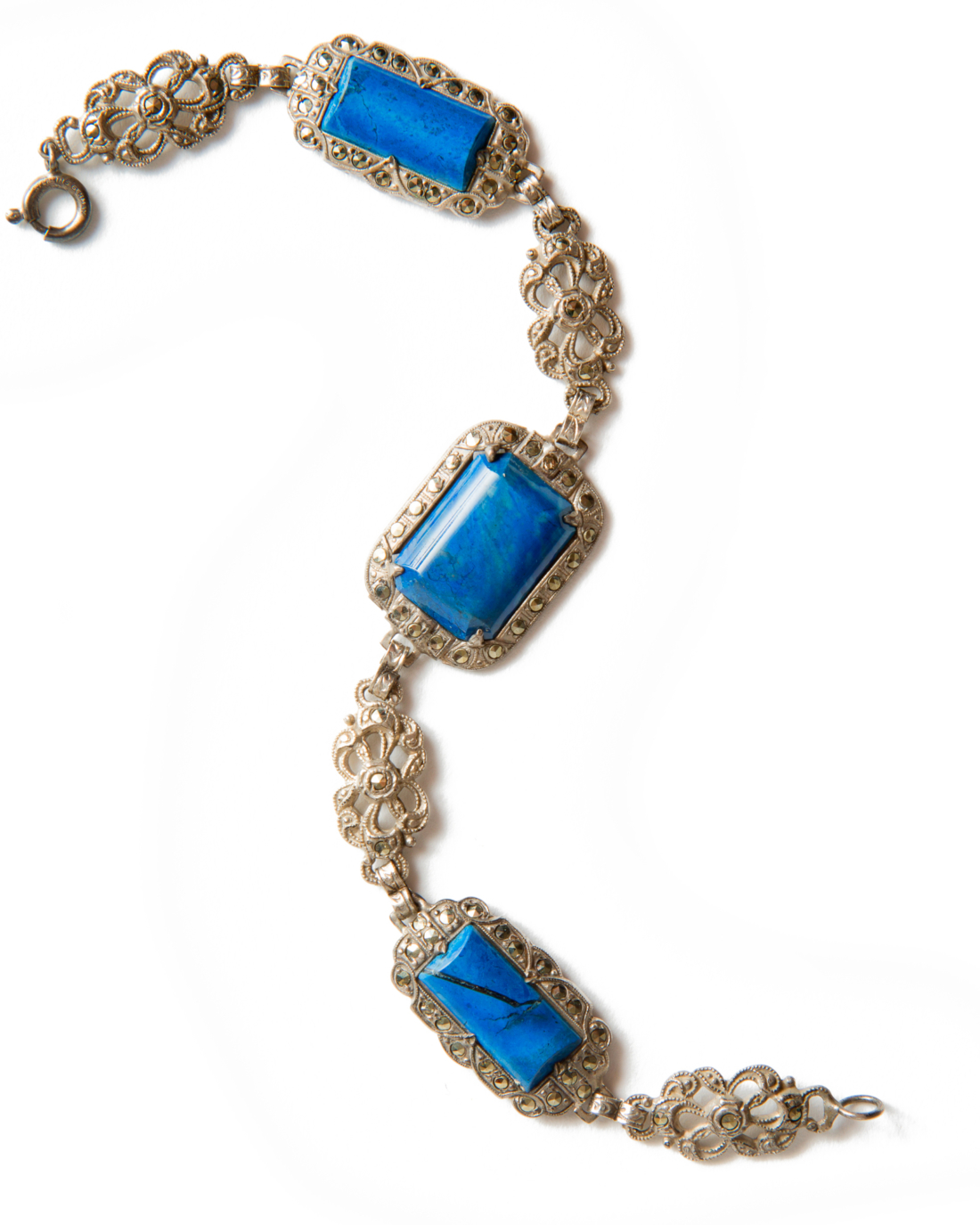 Art Deco Sterling Silver, Lapis, and Marcasite Bracelet, circa 1920's