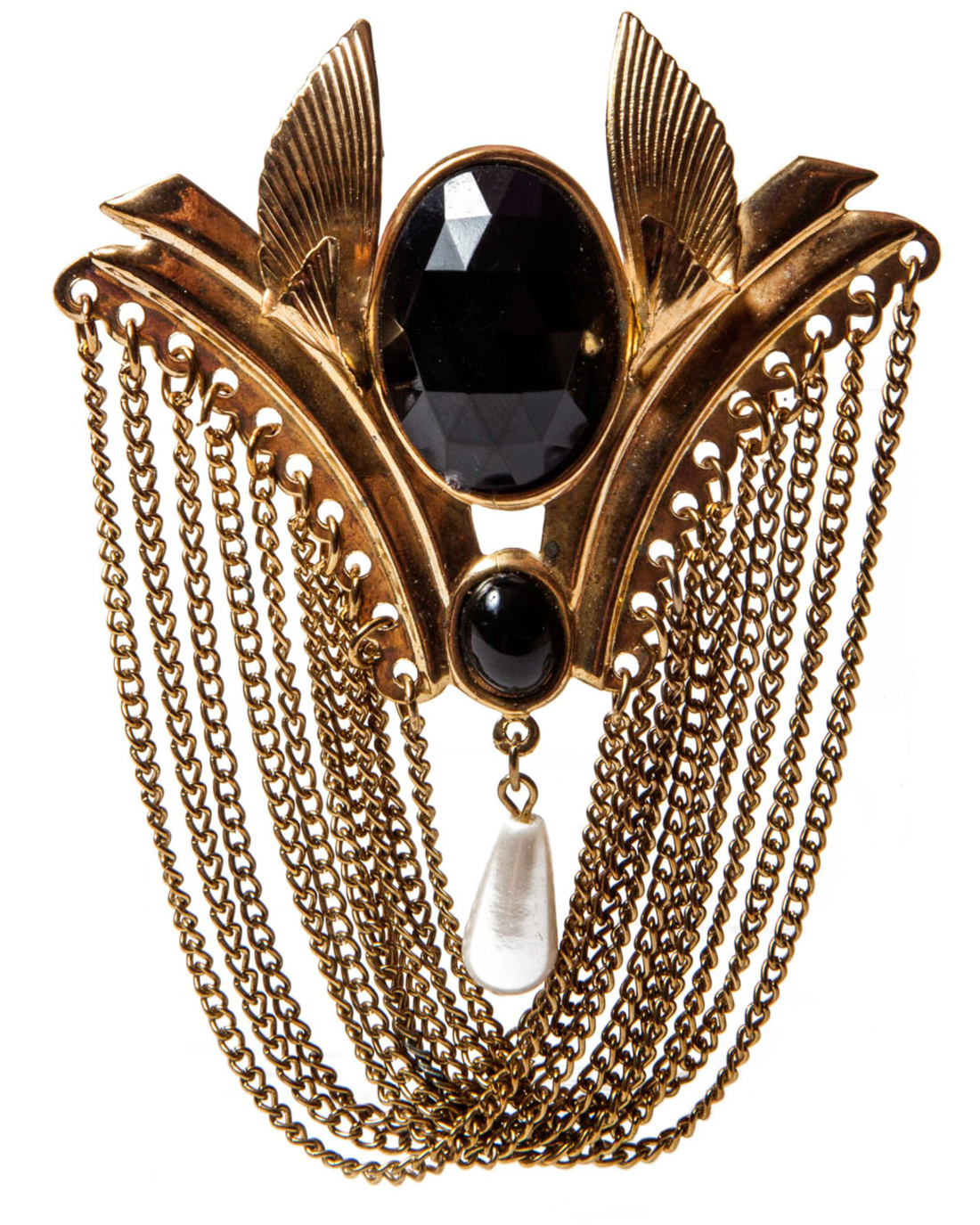 Vintage Black And Pearl Brooch Dripping In Gold Washed Chains, circa 1980's