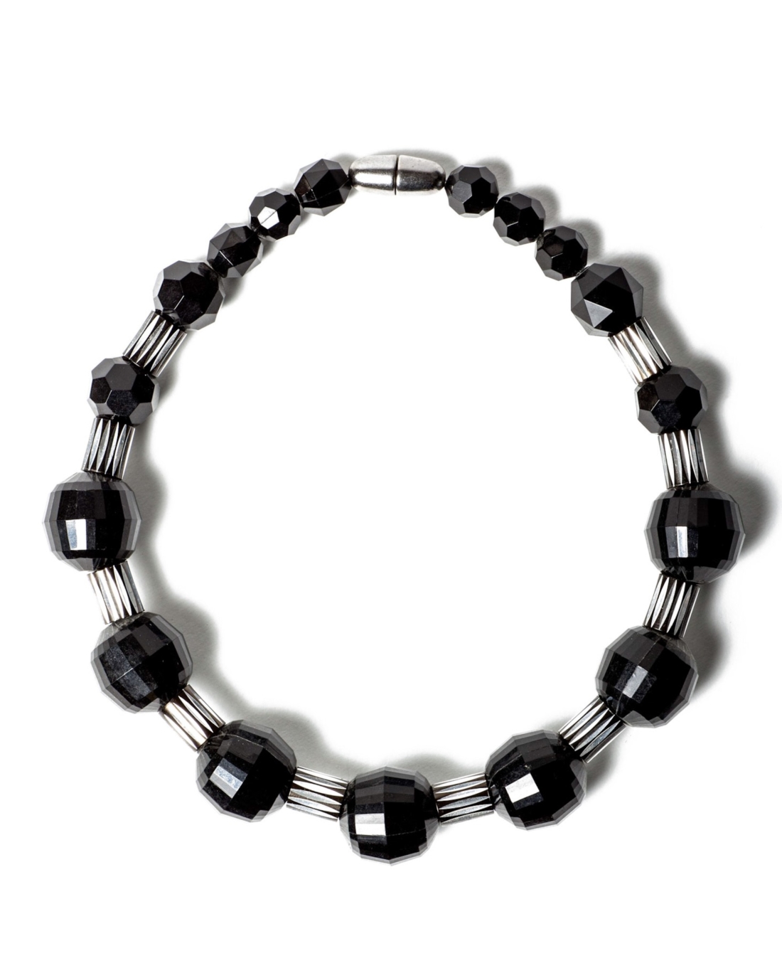 Black Lucite and Silver Lined Beaded Necklace, Circa 1960’s