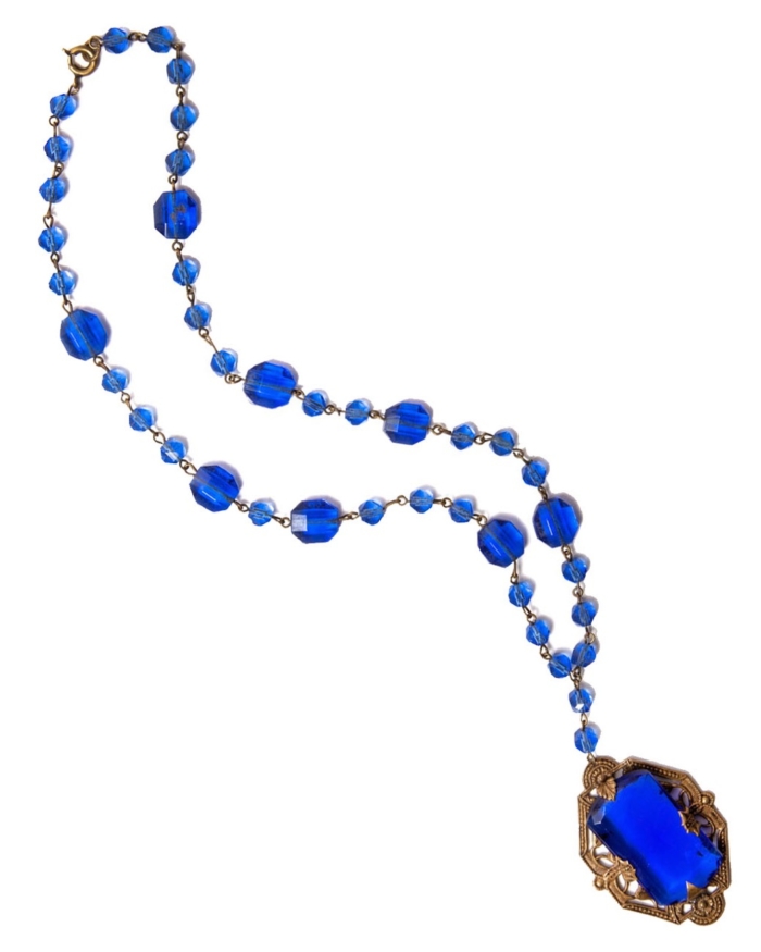 Cobalt Blue Faceted Czech Art Nouveau Brass Necklace, Circa 1910’S