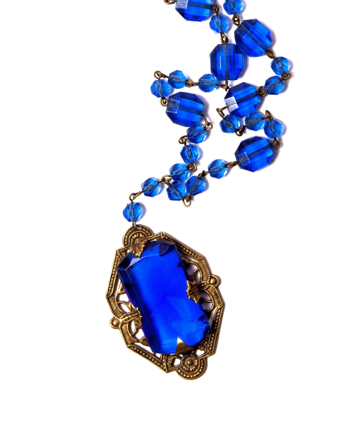 Cobalt Blue Faceted Czech Art Nouveau Brass Necklace, Circa 1910’S