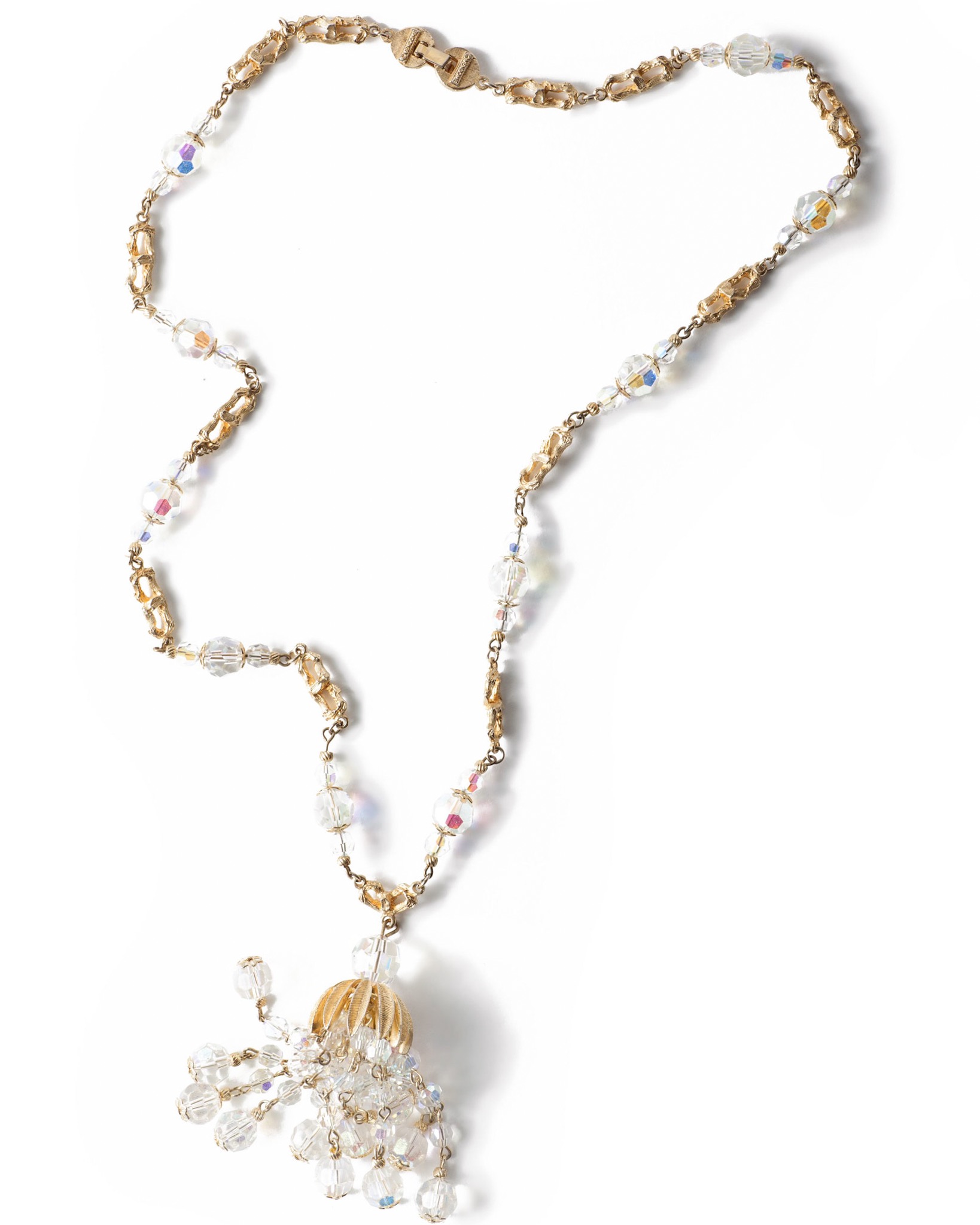 Sparkling Crystal Beaded Tassel and Gold Chain Necklace By Vendome circa 1950 s Haute Tramp