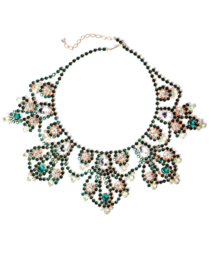 Emerald Green and Rhinestone Rose Gold Statement Necklace