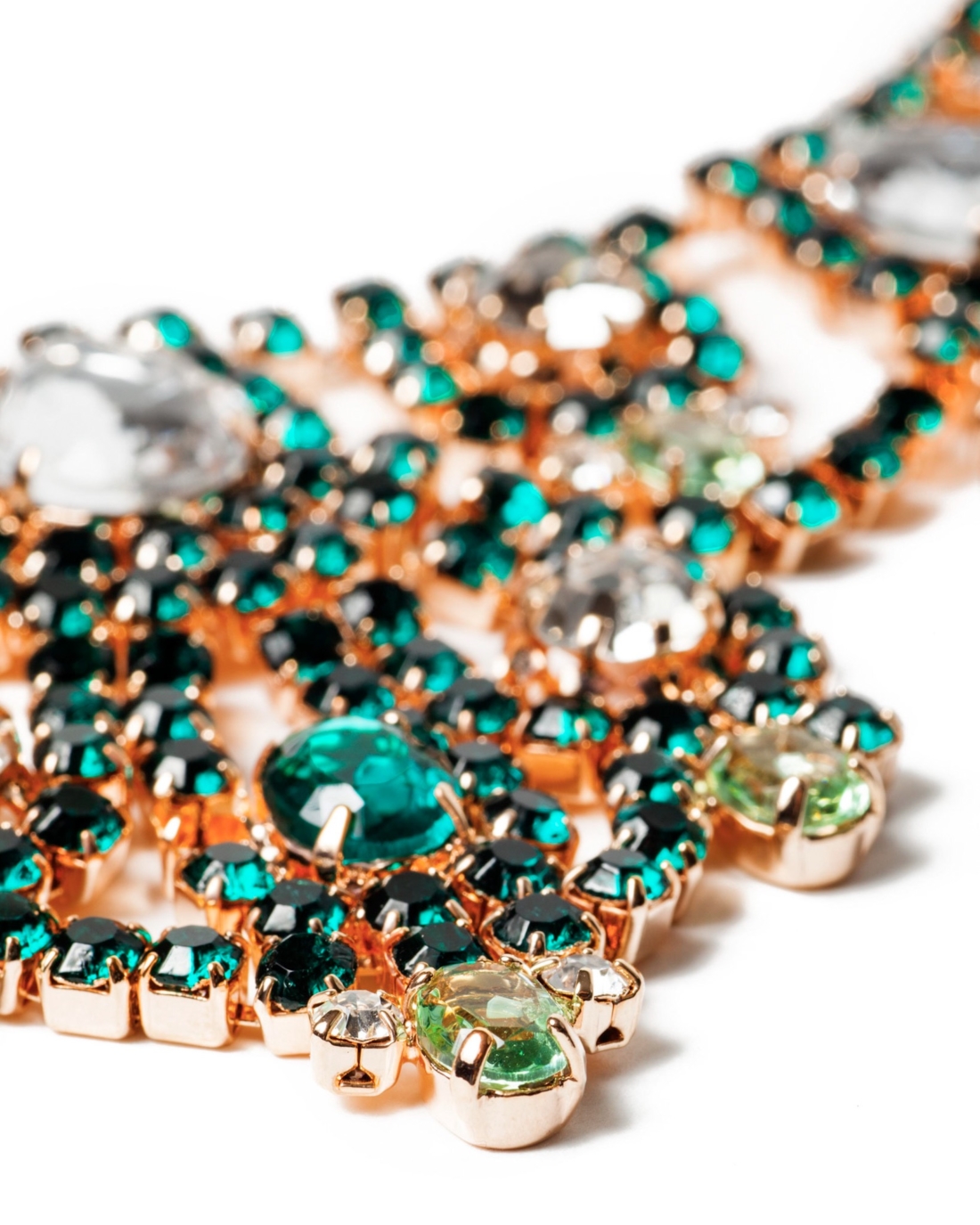 Emerald Green and Rhinestone Rose Gold Statement Necklace