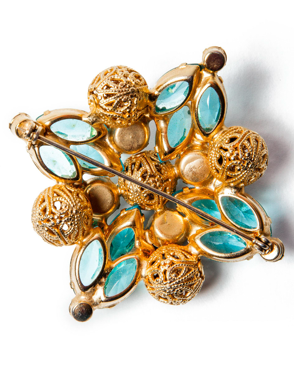 Gold Filigree and Turquoise Blue Crystal Brooch, circa 1960's