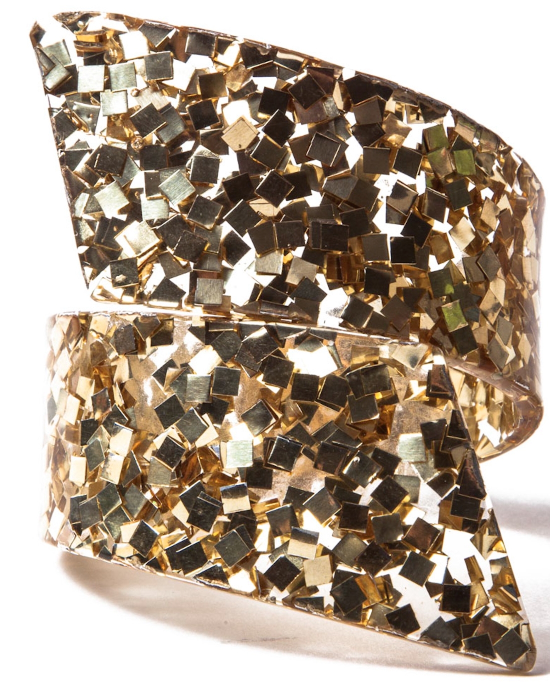 Vintage Gold Confetti Gone Lucite Wild Hinged Bracelet, circa 1950’s