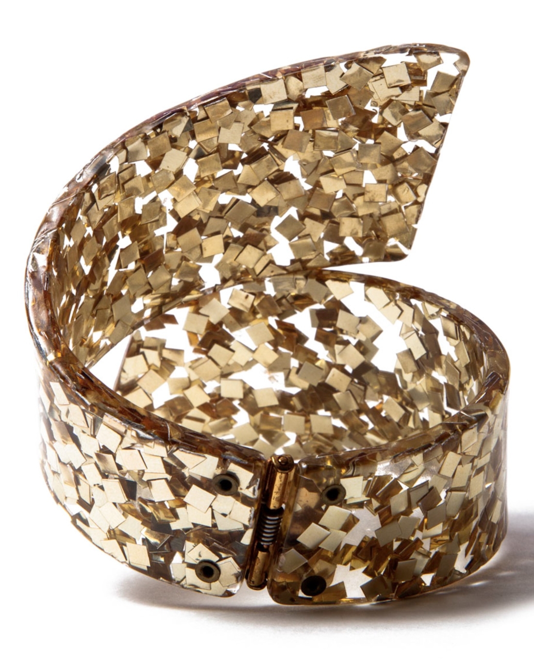 Vintage Gold Confetti Gone Lucite Wild Hinged Bracelet, circa 1950’s