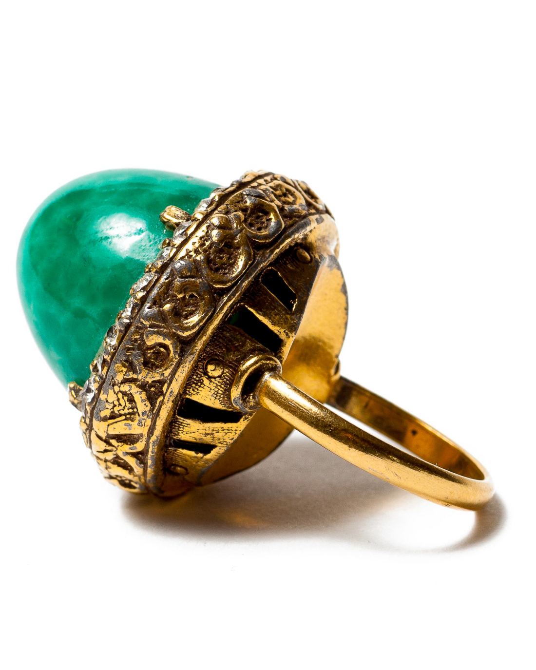 Opulent Green Peking Glass Domed Cocktail Ring, circa 1960's