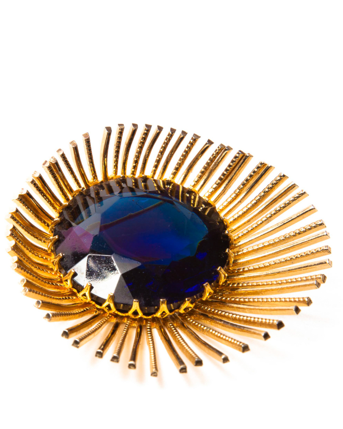 Vintage Montana Blue Glass Spiked Gold Modernist Star Brooch, circa 1960's