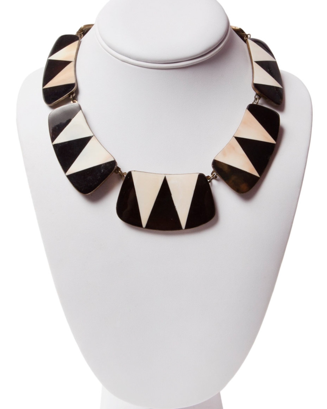 Mosaic Mother of Pearl and Black Onyx Inlaid Copper Necklace, circa 1970's