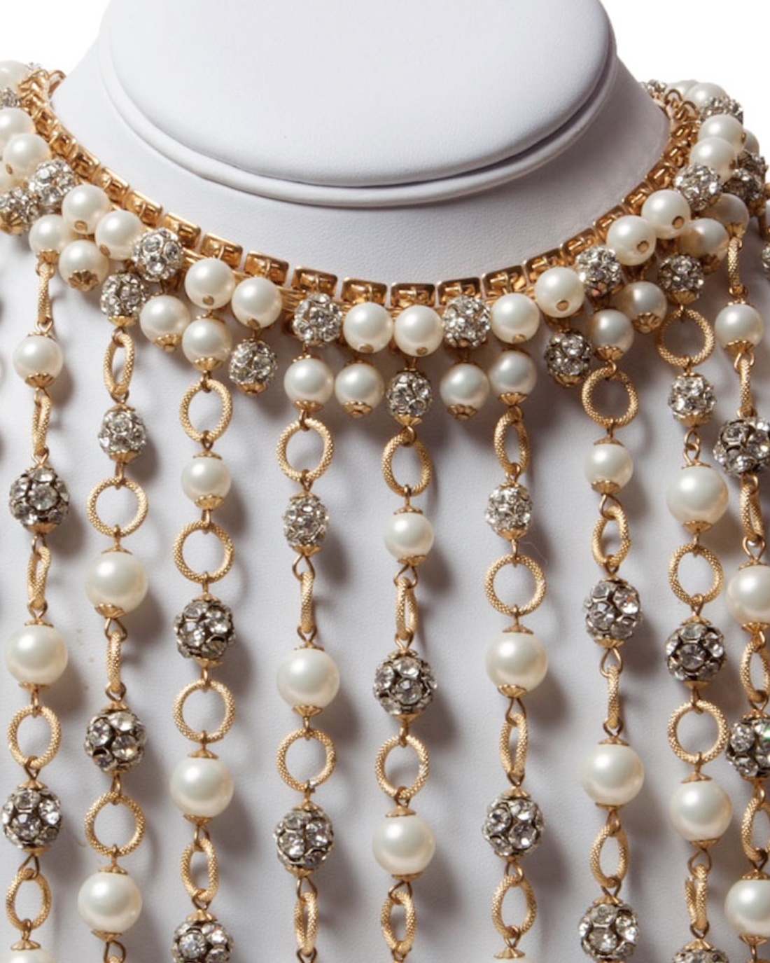 Pearl and Sparkling Crystal Ball Plunging Fringe Waterfall Necklace, circa 1950’s