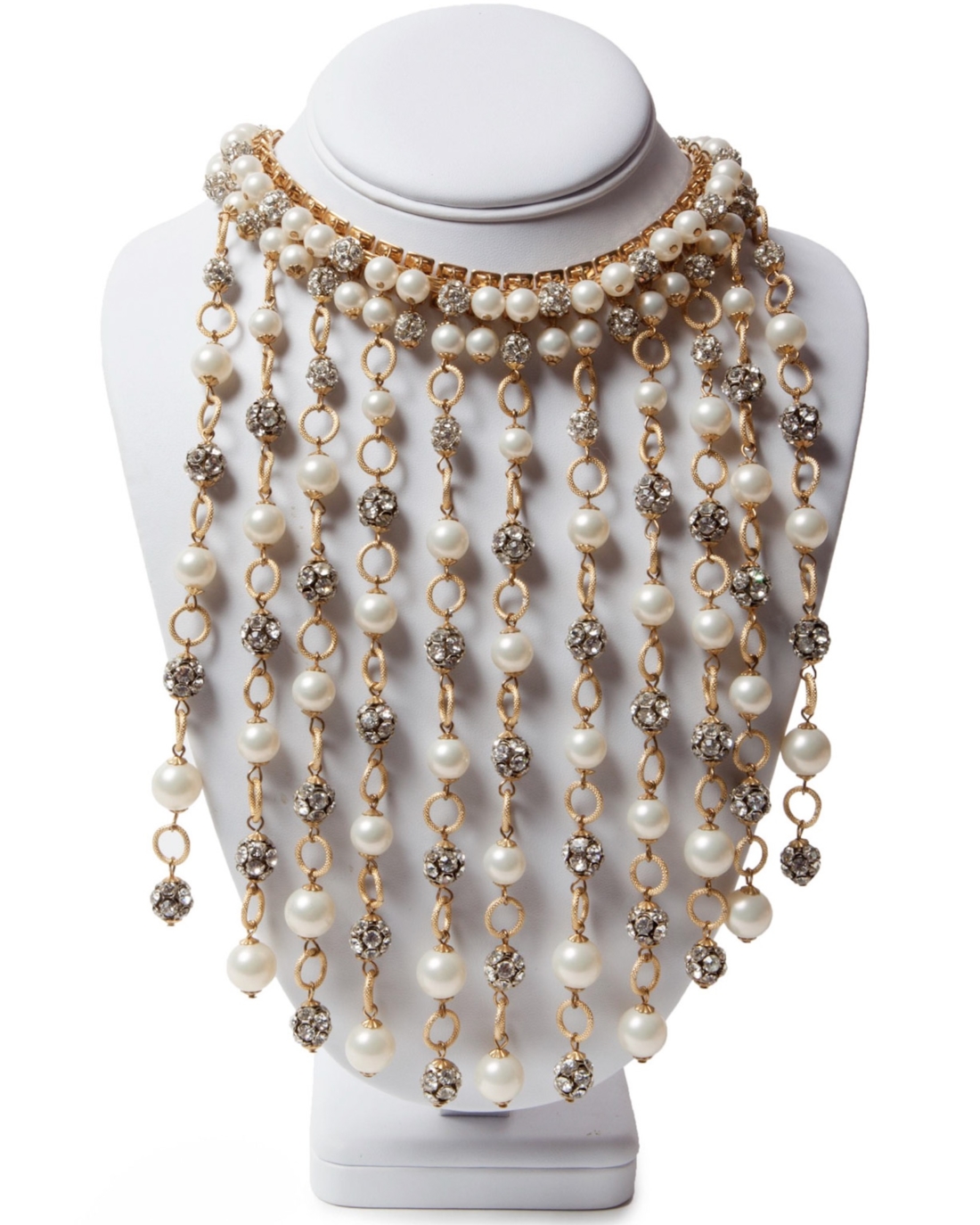 Pearl and Sparkling Crystal Ball Plunging Fringe Waterfall Necklace, circa 1950’s