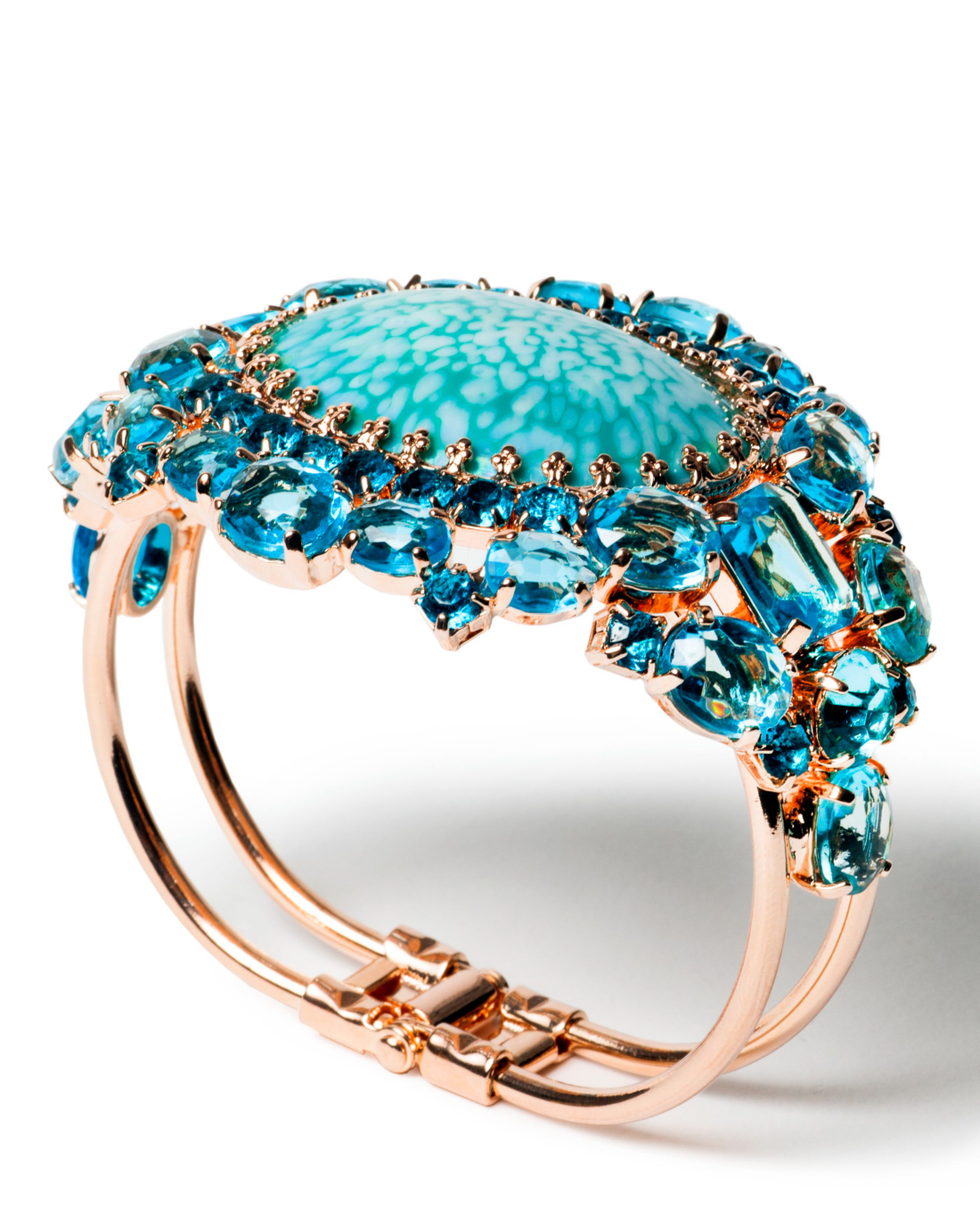 Vintage Rose Gold and Turquoise Blue Multi Faceted Stone Cuff Bracelet,