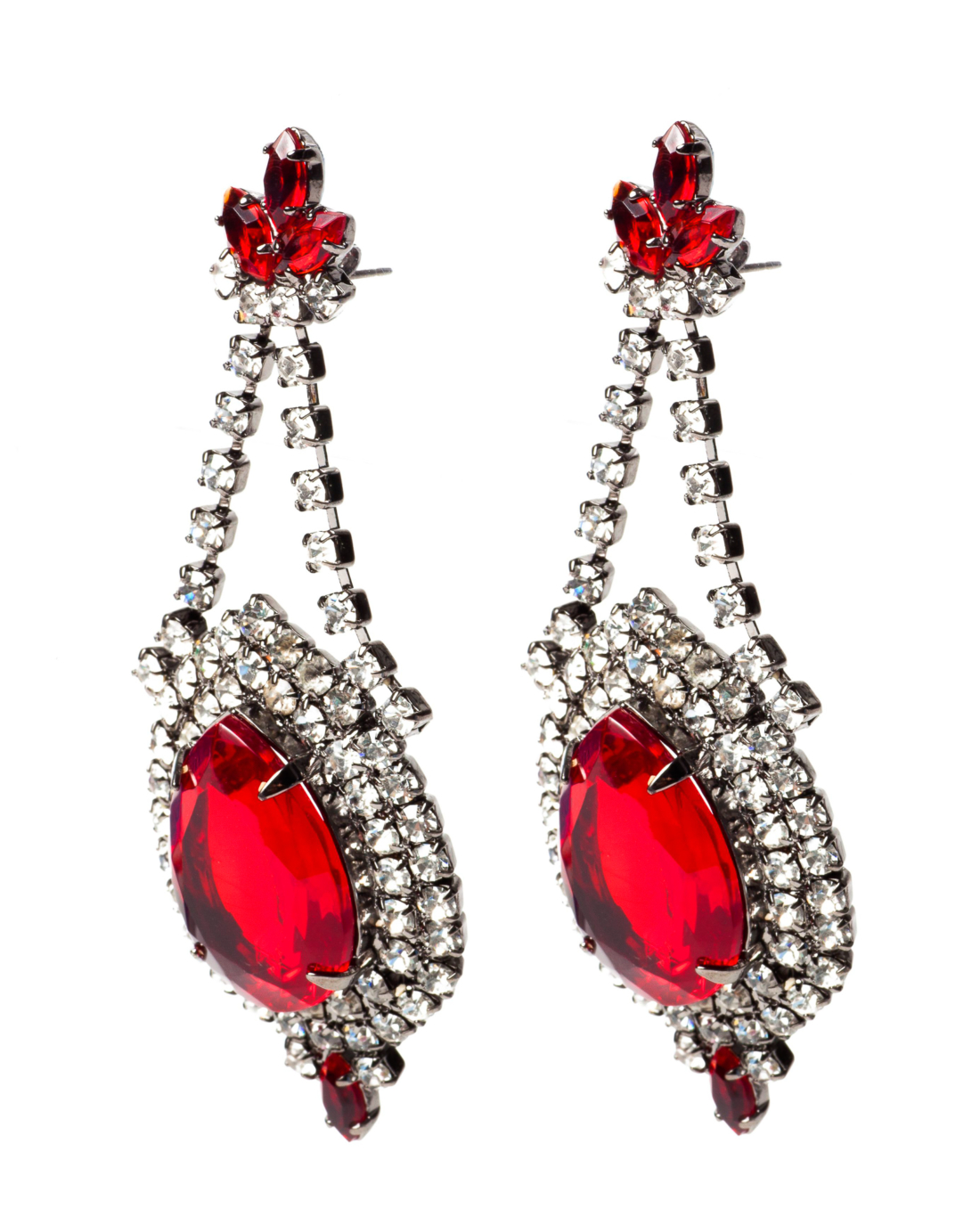 Ruby Red and Diamante Crystal Gunmetal Earrings, circa 2000’s