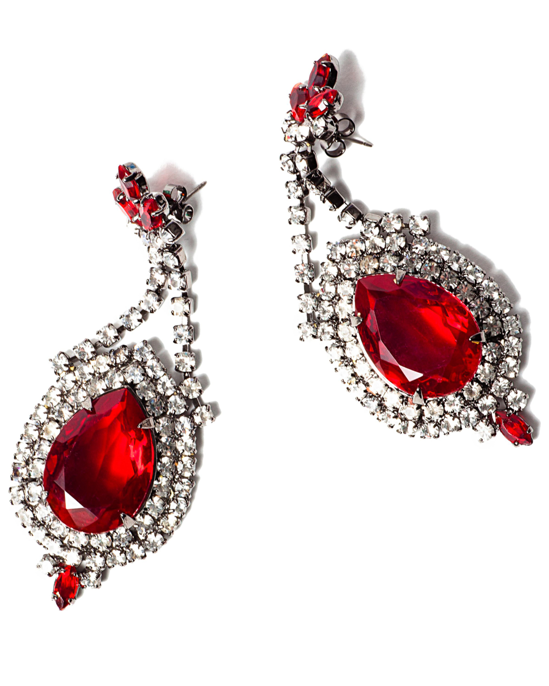 Ruby Red and Diamante Crystal Gunmetal Earrings, circa 2000’s