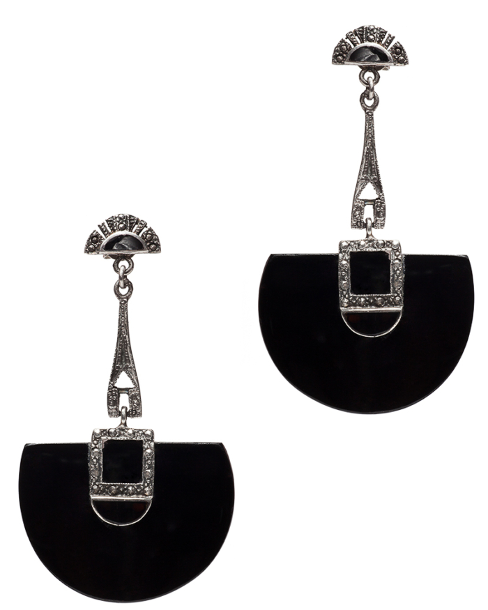 Art Deco Sterling Silver and Black Onyx Drop Earrings, circa 1930's