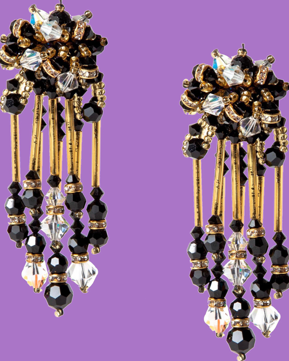 Haute Couture Hand Beaded Black Gold and Crystal Earrings, Made in Italy, circa 1960’s