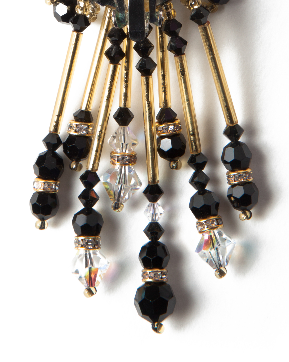 Haute Couture Hand Beaded Black Gold and Crystal Earrings, Made in Italy, circa 1960’s