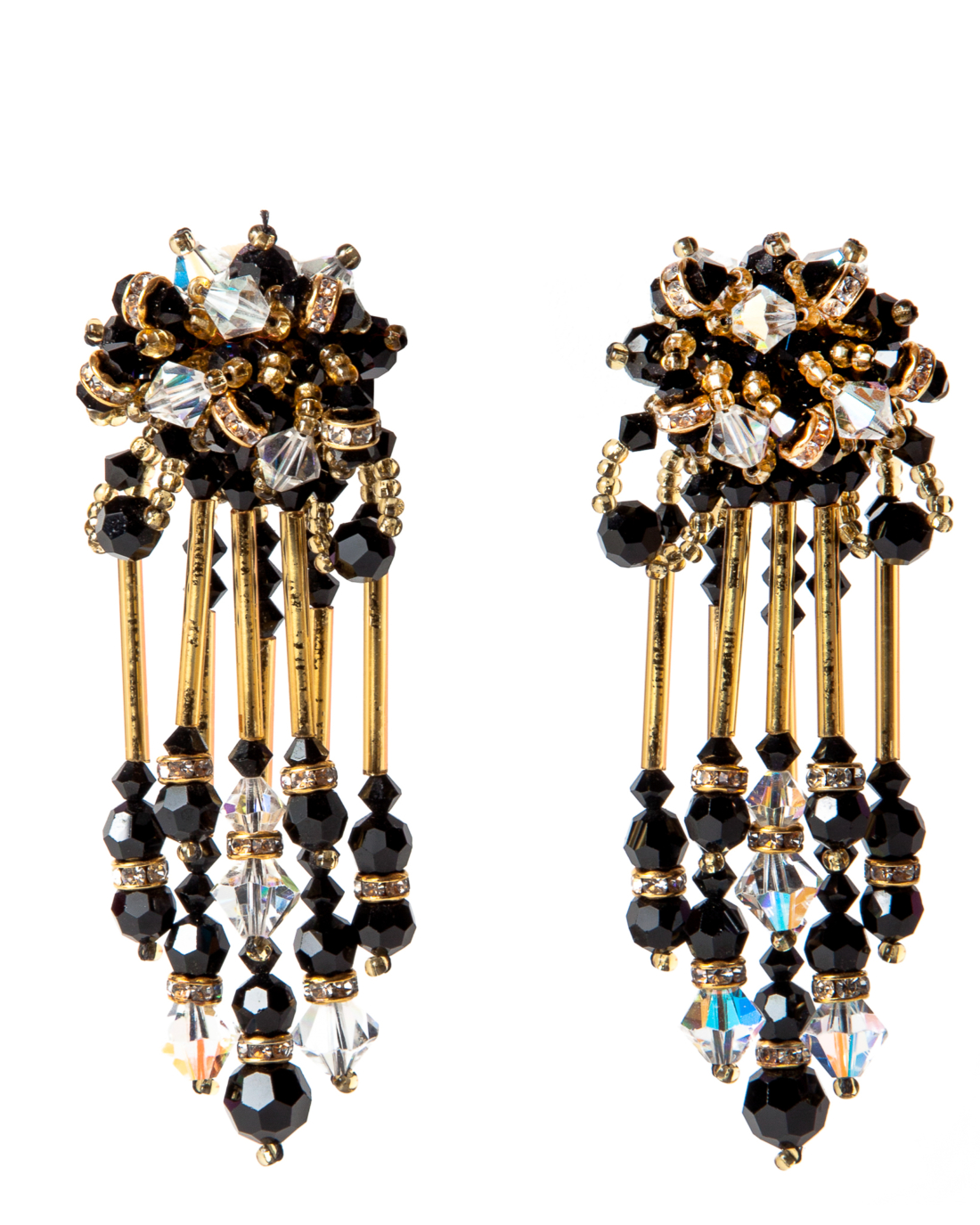 Haute Couture Hand Beaded Black Gold and Crystal Earrings, Made in Italy, circa 1960’s