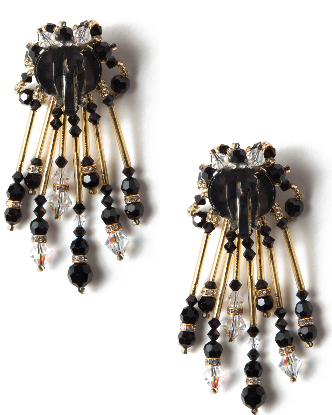 Haute Couture Hand Beaded Black Gold and Crystal Earrings, Made in Italy, circa 1960’s