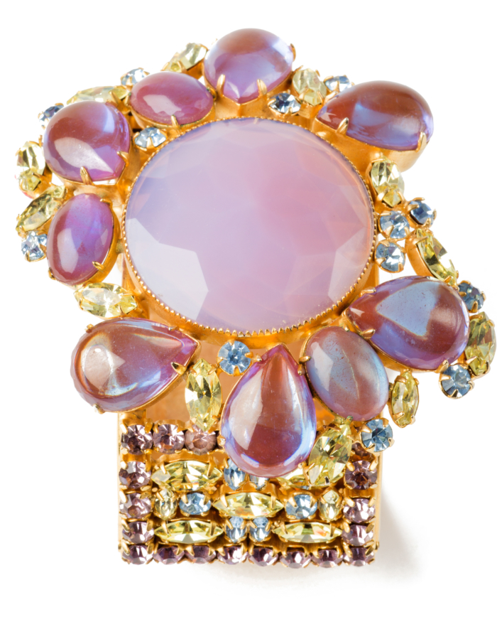 Stunning Couture Saphiret and Pink Opal Glass Jeweled Bracelet, circa 1950’s