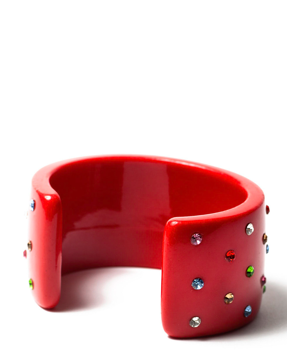 Vintage Red French Bakelite and Multi Colored Rhinestone Cuff Bracelet, circa 1930's