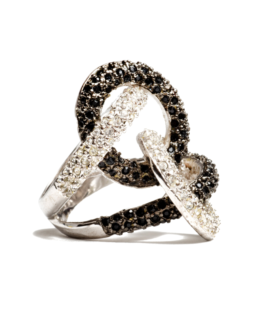 Intertwined Circle Silver and Black Crystal Cocktail Ring, circa 1980's