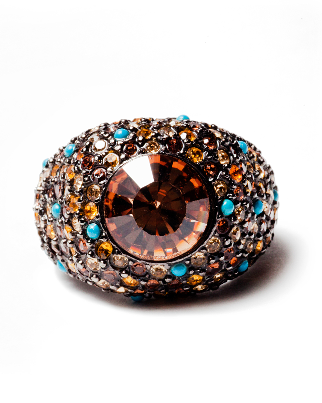 Topaz and Turquoise Pave Crystal Encrusted Gunmetal Cocktail Ring, circa 1960’s