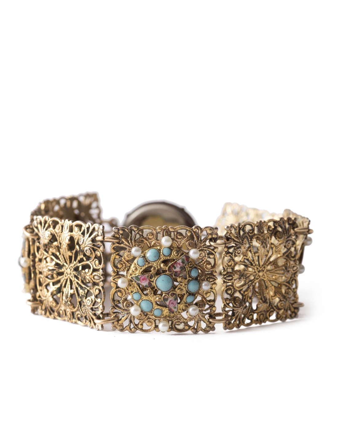 Art Nouveau Brass Filigree Enamel Linked Bracelet, circa early 1900’s