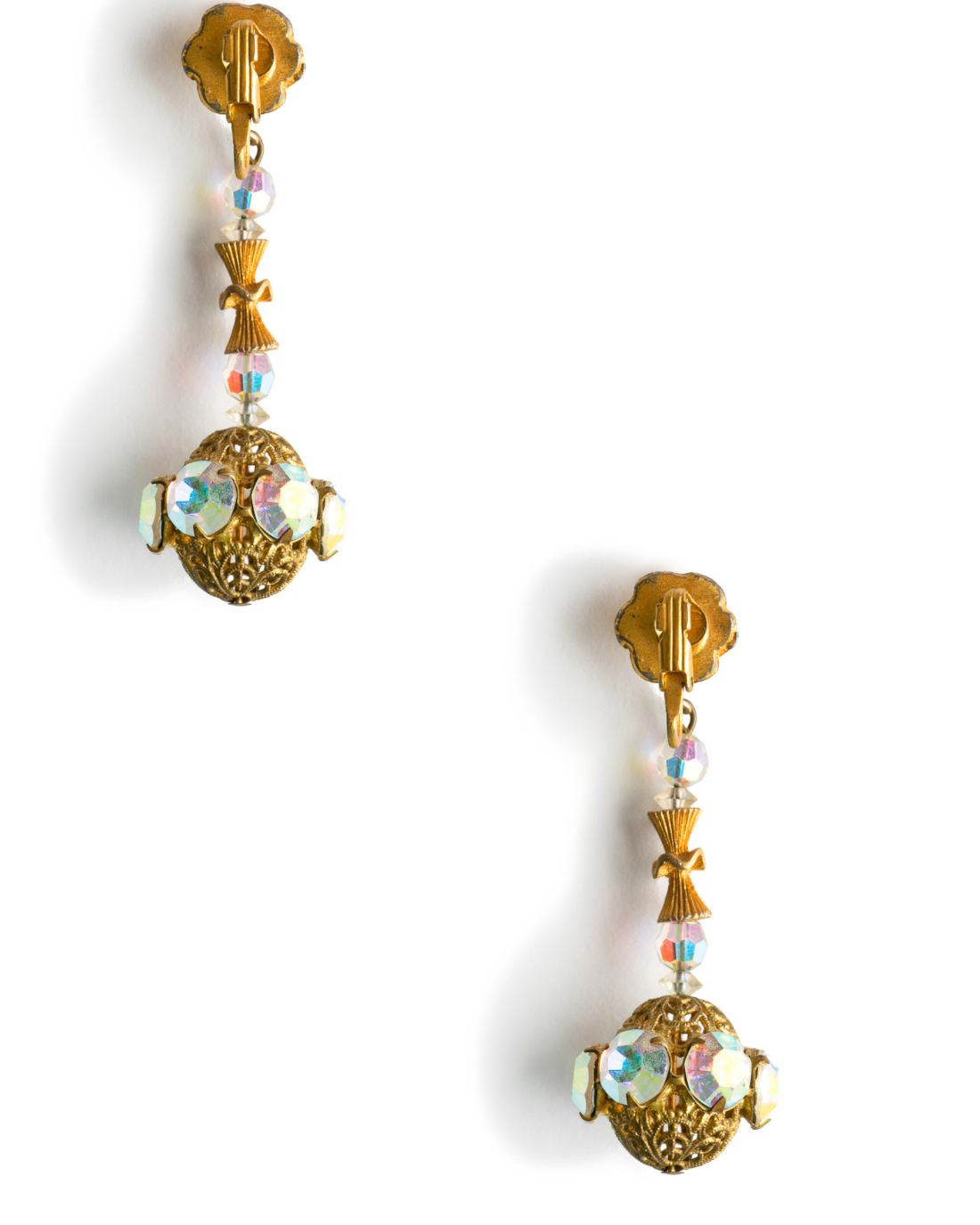Vintage Mod Golden Sphere Crystal Drop Earrings, circa 1960's