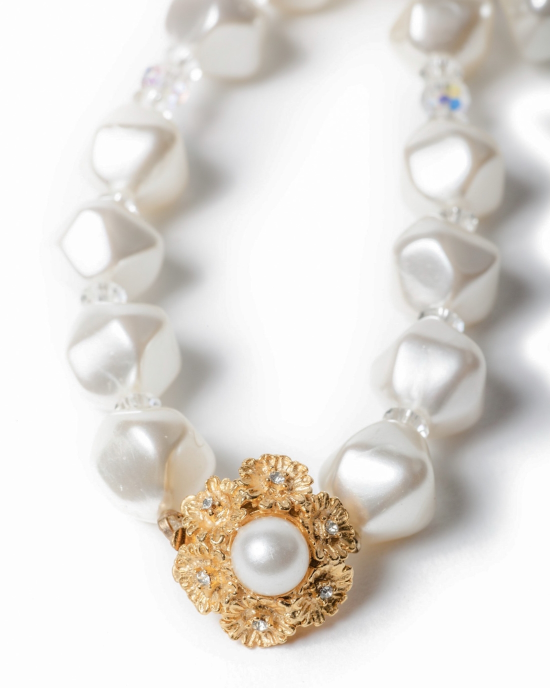 White Satin Pearl and Crystal Beaded Necklace,