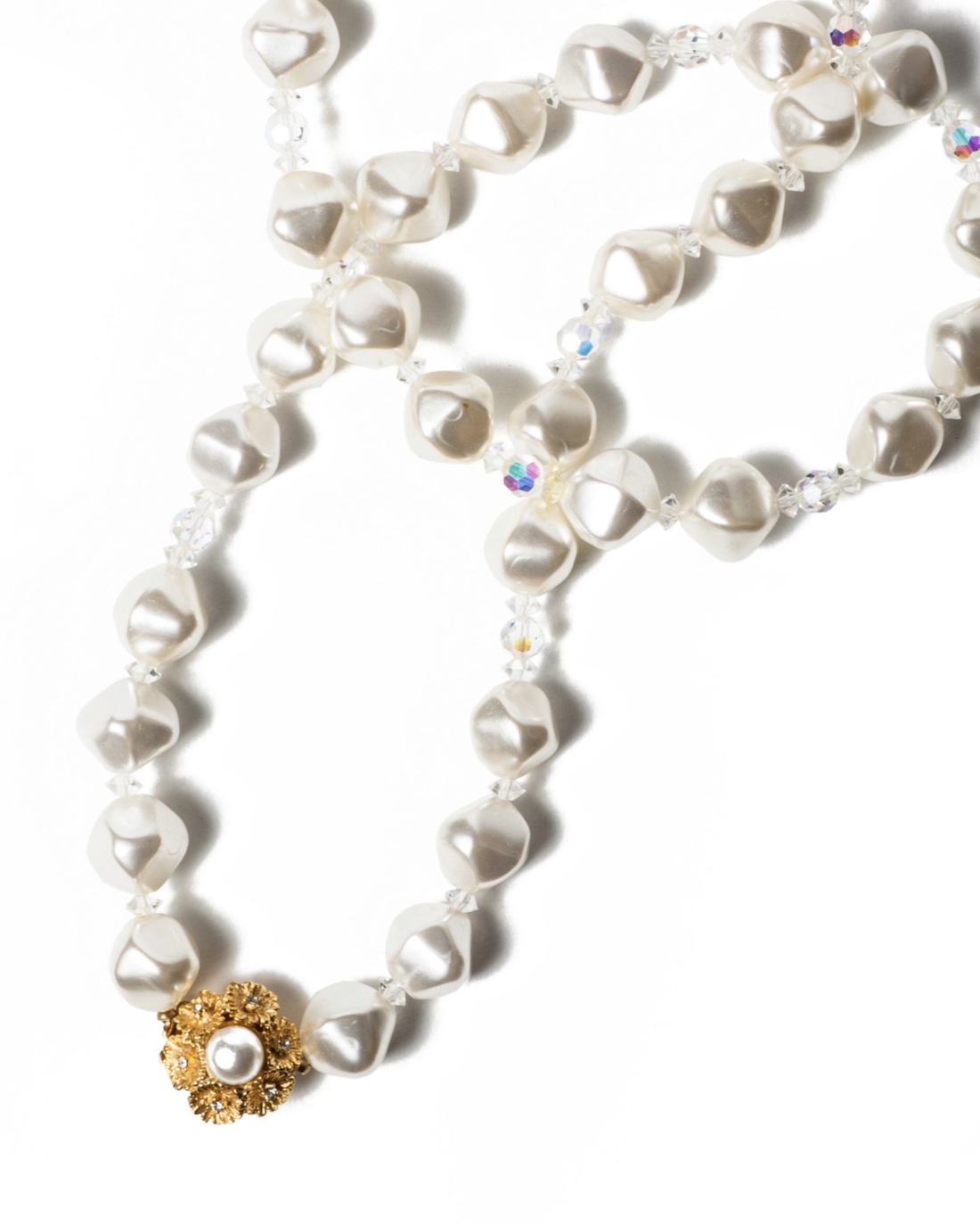White Satin Pearl and Crystal Beaded Necklace,
