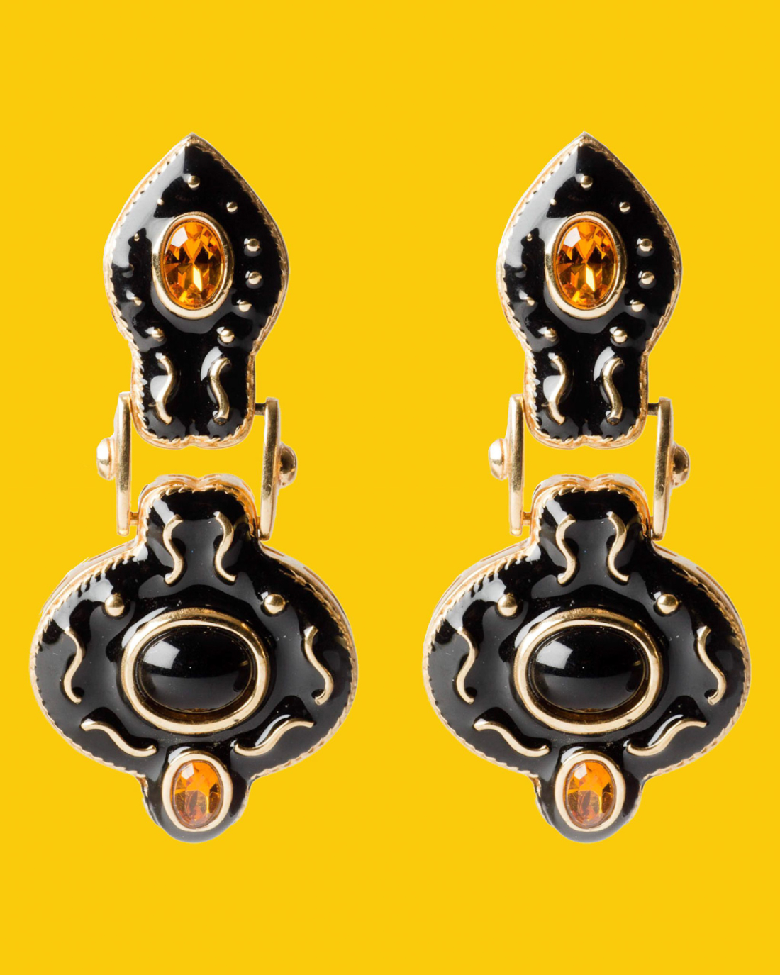 Black Enamel and Topaz Snake Head Ear Clips, circa 1980’s