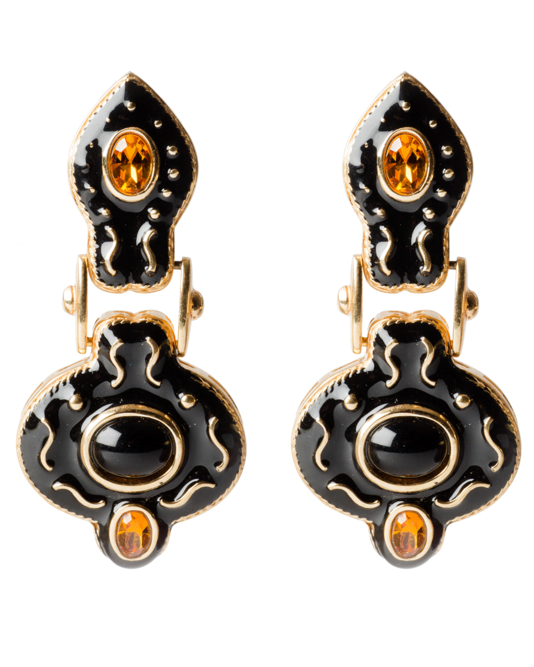 Black Enamel and Topaz Snake Head Ear Clips, circa 1980’s